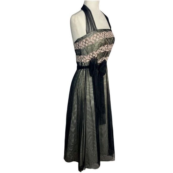 Vintage 90s Laundry Tulle Halter Dress 12 Black Embroidered Lined Tie Waist Zip - Picture 6 of 7